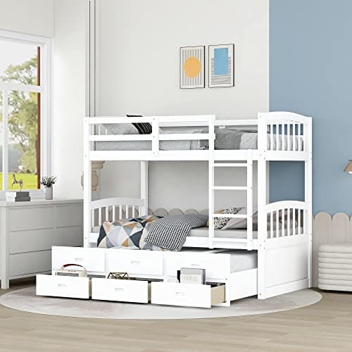 Harper & Bright Designs Twin Over Twin Bunk Bed With Trundle and 3 Drawers