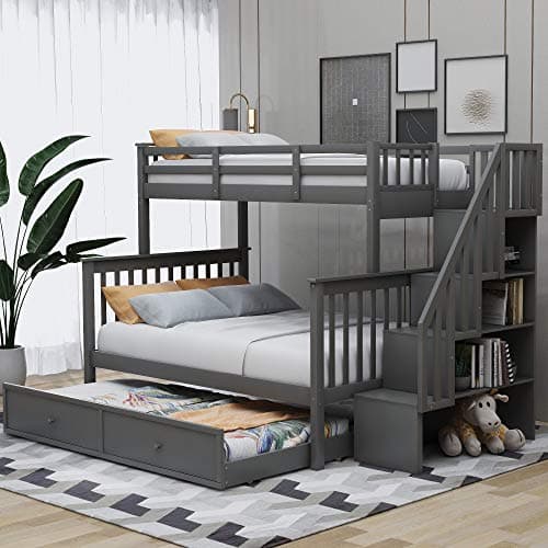 Harper & Bright Designs Twin Over Full Bunk Bed with Trundle and Storage Stairs
