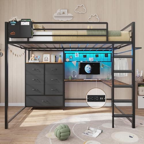 DICTAC Full Loft Bed with L-Shaped Desk and Storage Drawers