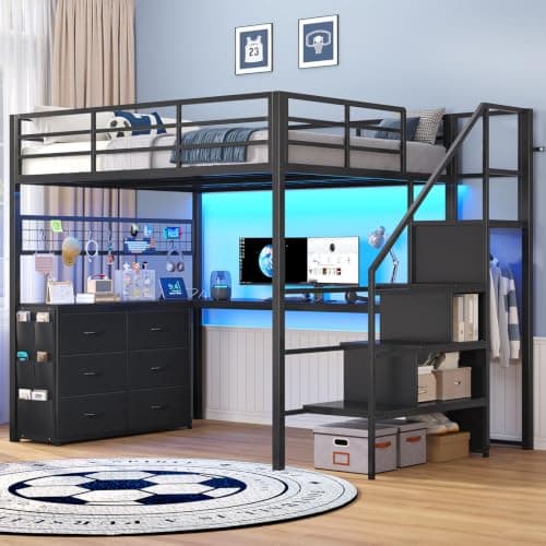ADORNEVE Full Loft Bed with L-Shaped Desk and Storage Stairs