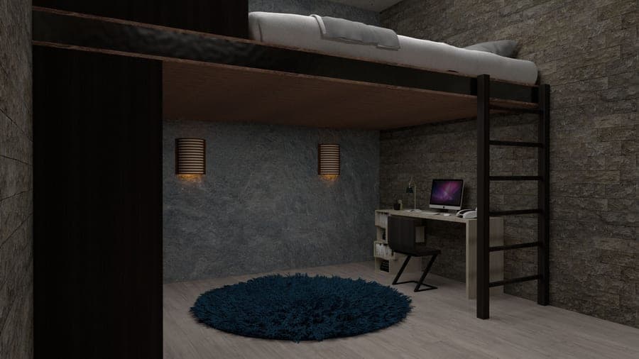 A high bed with a desk area in a teenager's bedroom
