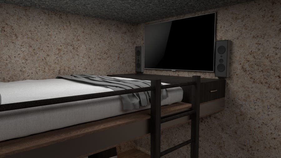 A platform bed in a small apartment bedroom