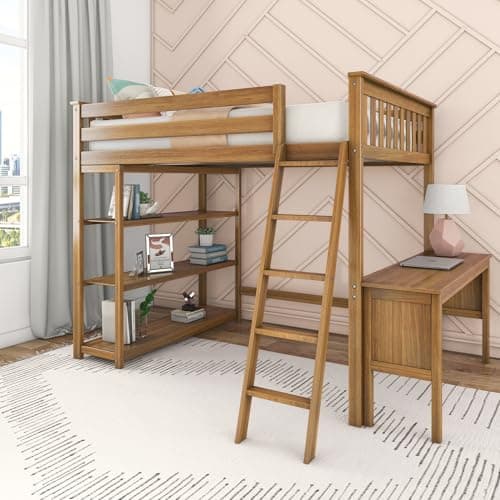 Max & Lily Full Size High Loft Bed with Desk and Bookcase