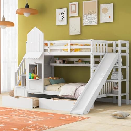 Harper & Bright Designs Twin Over Twin Bunk Bed With Slide, Stairway and Drawers